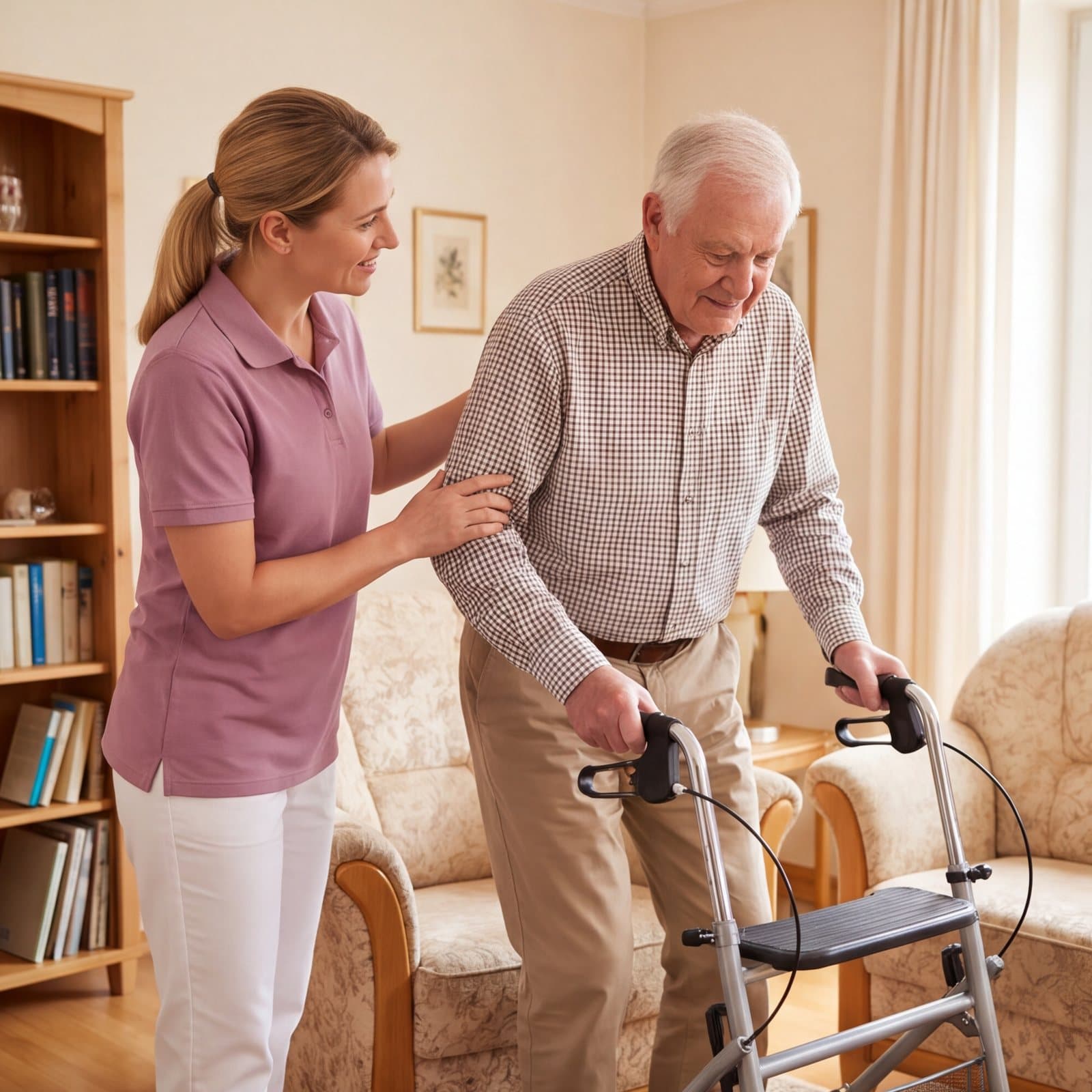 Pflegekraft hilft einem älteren Mann im Wohnzimmer beim Aufstehen an den Rollator