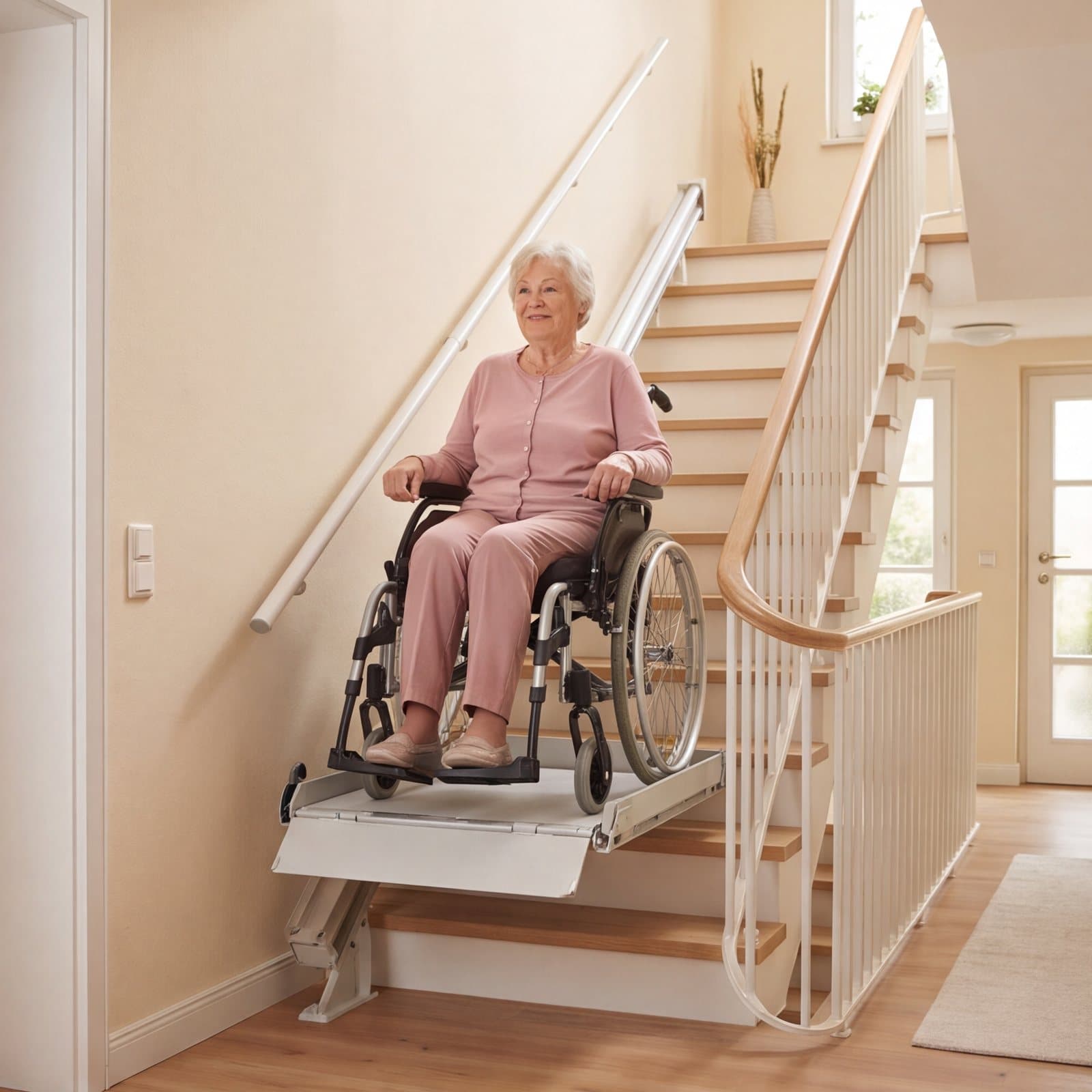 Ältere Frau im Rollstuhl steht auf der Plattform eines Plattformlifts an der Innentreppe