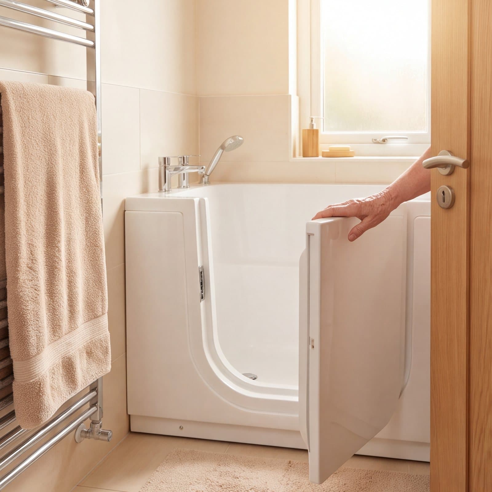Badewanne mit geöffneter Einstiegstür in einem hellen Badezimmer
