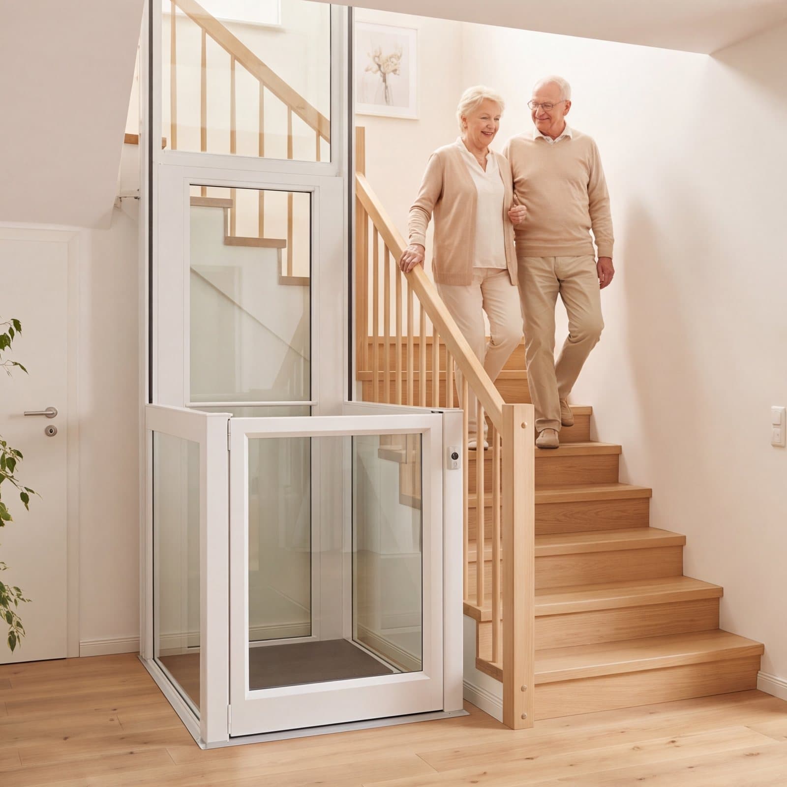Älteres Paar kommt im Einfamilienhaus die Treppe neben einem verglasten Homelift herunter