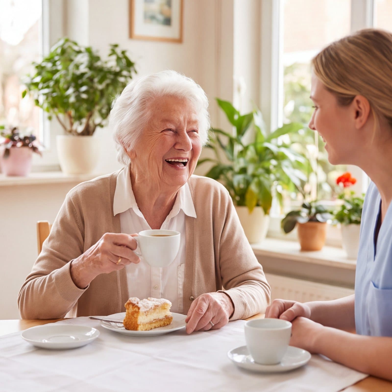 Ältere Frau lacht bei Kaffee und Kuchen mit einer Betreuerin in der Tagespflege