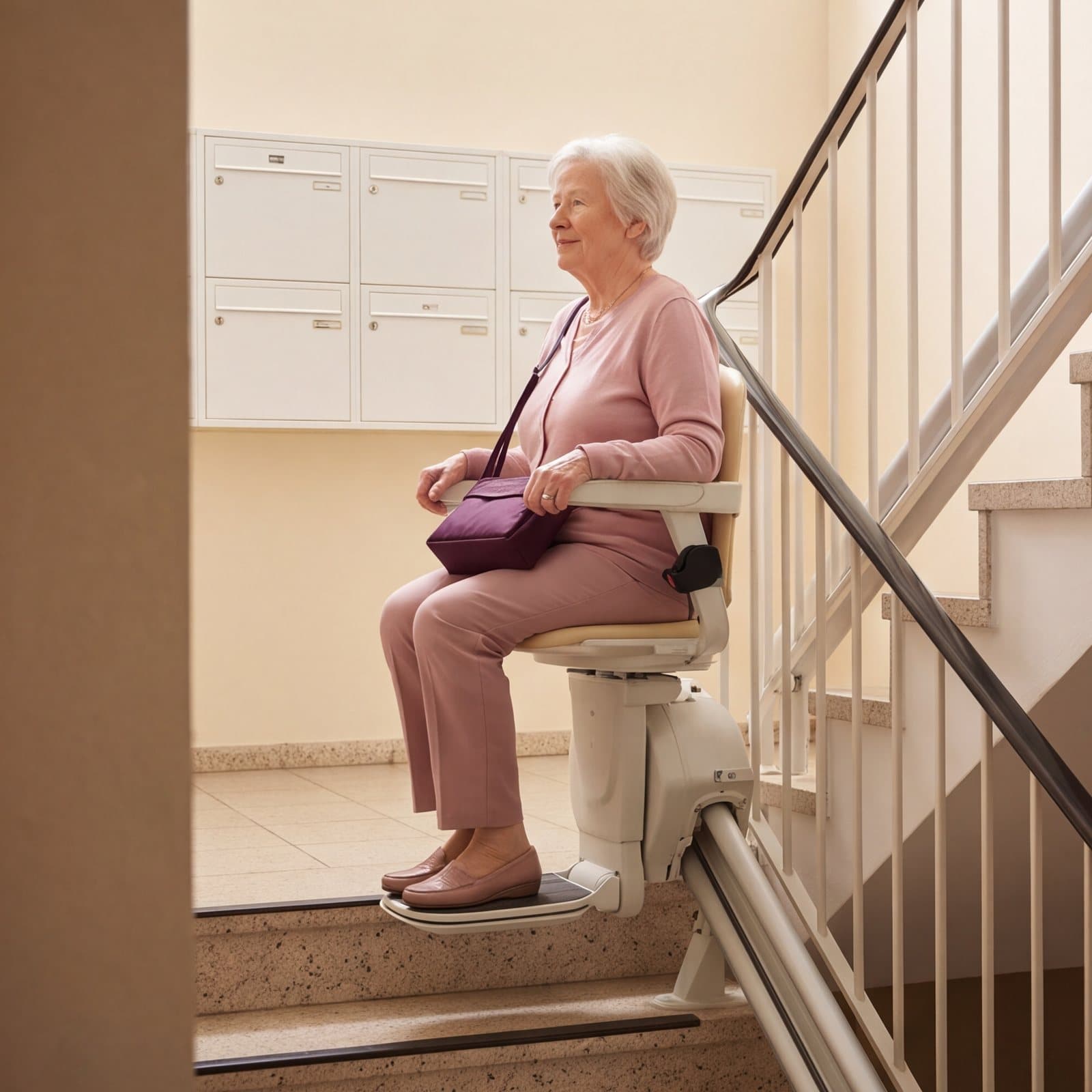 Ältere Frau fährt mit dem Treppenlift durch das Treppenhaus eines Mehrfamilienhauses